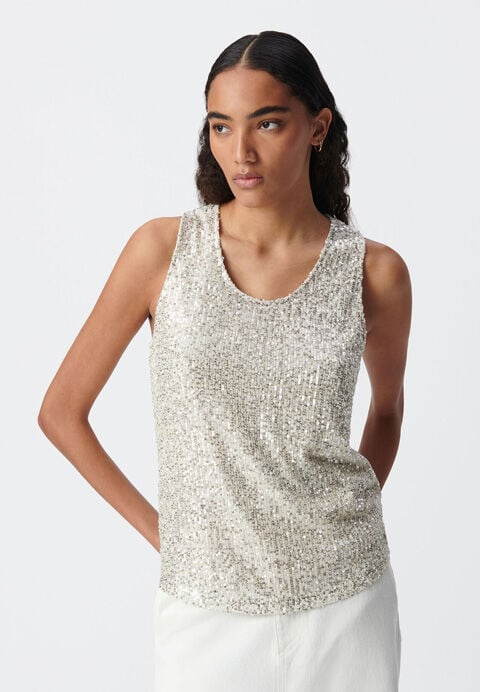 Top plateado bordado con lentejuelas Mujer